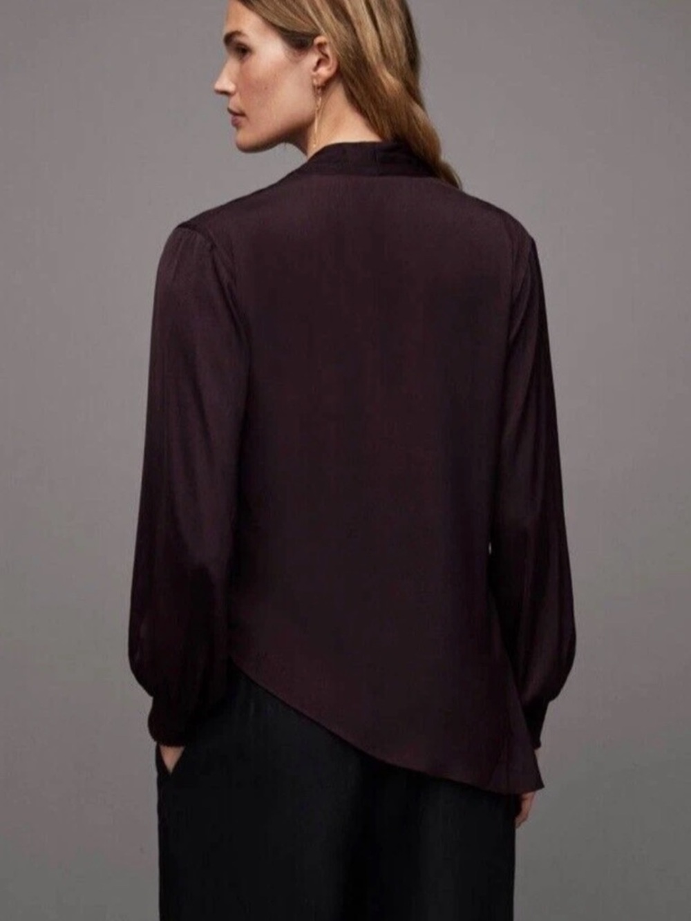 AllSaints Abi Long Sleeve Draped Asymmetrical Top in Port Purple. size 8. NWT. - Picture 6 of 12